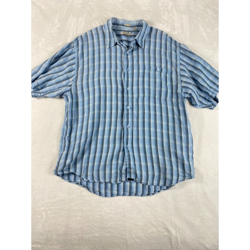 Indigo Palms 100% Irish Linen Shirt Men Sz XL Blue Plaid Short Sleeve Resort